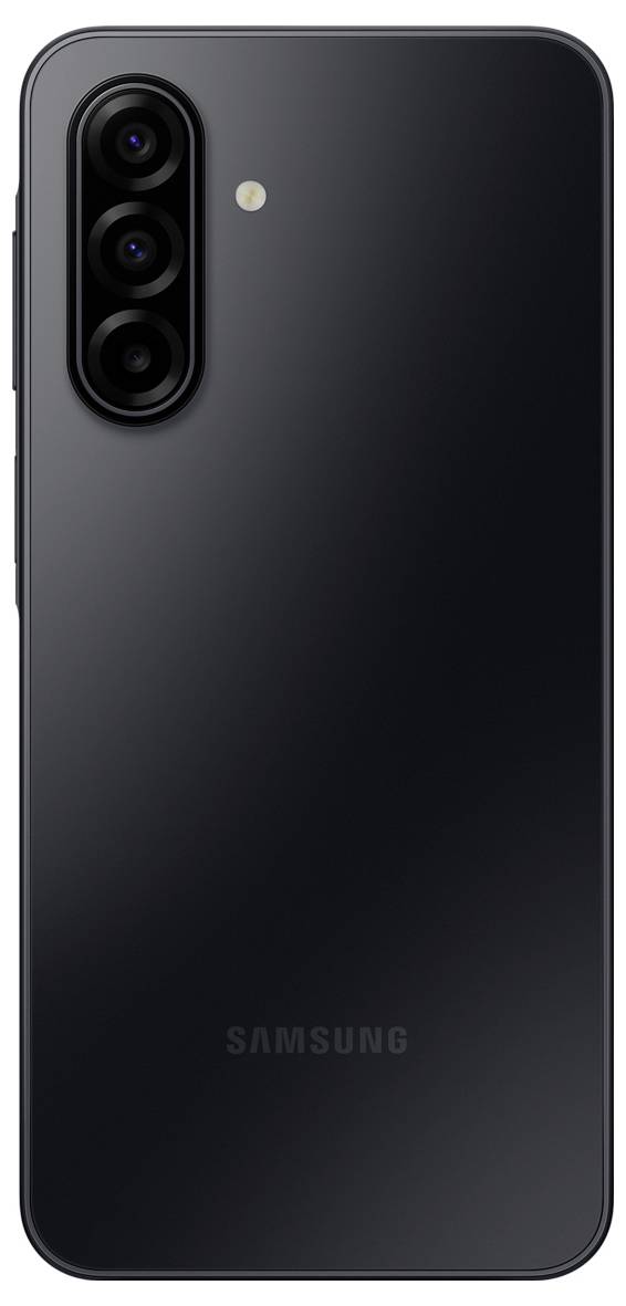 Rückansicht eines schwarzen Smartphones mit dreifacher Kameraanordnung und einzelnem LED-Blitz oben links, Logo "Samsung" unten.