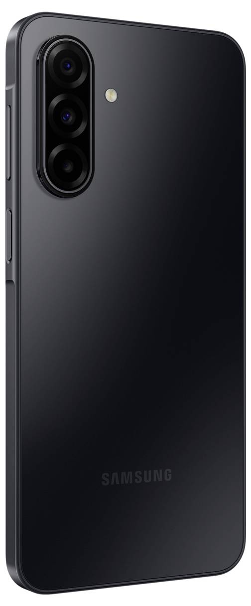 Ein schwarzes Smartphone mit drei rückseitigen Kameras und einem LED-Blitz, auf der Rückseite mit der Marke „Samsung" graviert.