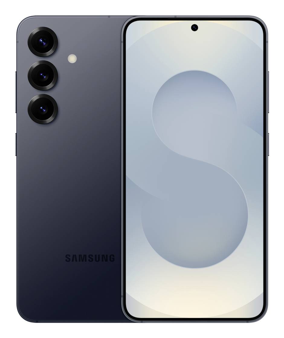 Ein Smartphone mit einer dreifachen Kameraanordnung auf der Rückseite, daneben eine Vorderansicht mit Bildschirm, der ein einfaches abstraktes Design anzeigt.