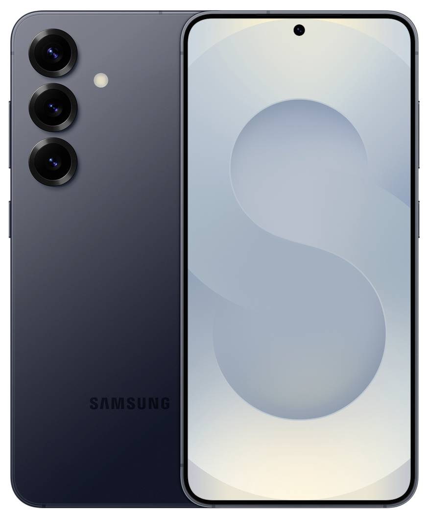 Smartphone mit dreifacher Rückkamera und vollständiger Bildschirmanzeige, ausgestattet mit einer einzelnen Frontkamera in der Mitte.