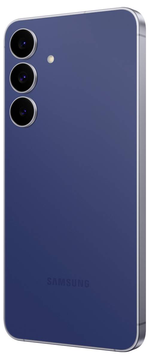 Blaues Smartphone mit schlankem Design, ausgestattet mit drei rückseitigen Kameras und einem kleinen Blitz, Schrägansicht, die die minimalistische Rückseite hervorhebt.