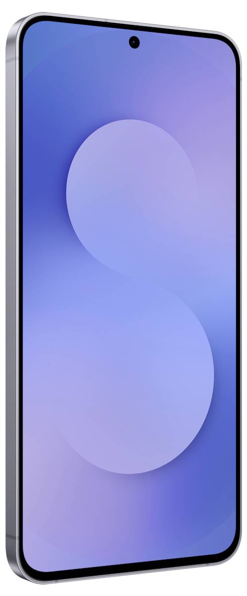 Ein elegantes Smartphone mit dünnem Rahmen und matter Oberfläche. Der Bildschirm zeigt einen Gradienten-Hintergrund in Blau mit einem großen, subtil sichtbaren 'S'-Form.