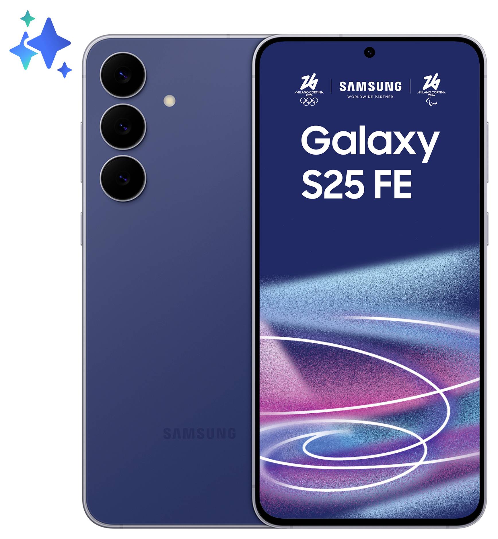 Ein Smartphone mit der Bezeichnung „Galaxy S25 FE", drei Rückkameras und einer blauen Oberfläche, angezeigt mit einem Logo auf dem Bildschirm.