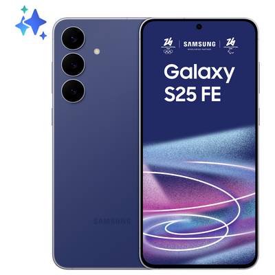 Ein Smartphone mit der Bezeichnung „Galaxy S25 FE", drei Rückkameras und einer blauen Oberfläche, angezeigt mit einem Logo auf dem Bildschirm.