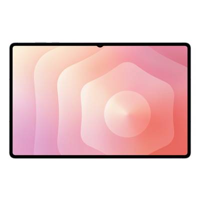 Ein Tablet mit schwarzem Rahmen zeigt ein digitales rosa und pfirsichfarbenes abstraktes Muster mit wellenförmigen konzentrischen Formen und einem zentralen kreisförmigen Farbverlauf.