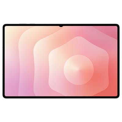 Ein Tablet, das ein digitales rosa und orangefarbenes radiales Verlaufsmuster mit konzentrisch angeordneten Kreisen zeigt und einen ruhigen und beruhigenden visuellen Effekt erzeugt.