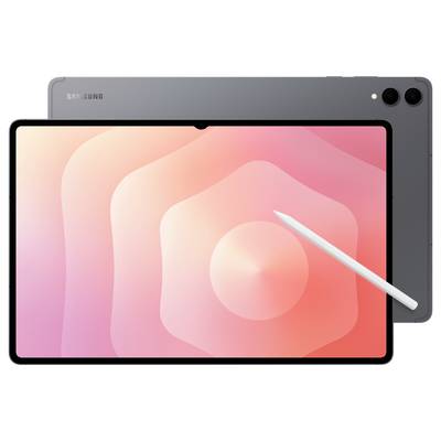 Ein Samsung-Tablet mit Stylus und rosa Farbverlauf auf dem Bildschirm. Das Gerät hat ein elegantes Design und hebt seine große Anzeige hervor.