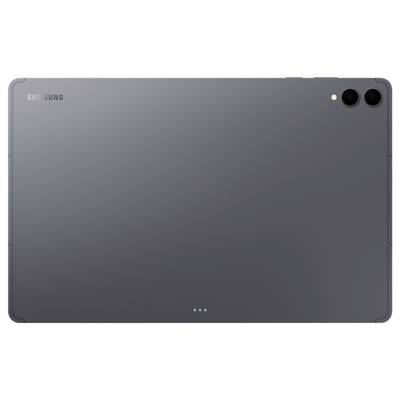 Die Rückseite eines dunkelgrauen Tablets mit dem Samsung-Logo und dem Dual-Kamera-Setup in der oberen rechten Ecke.