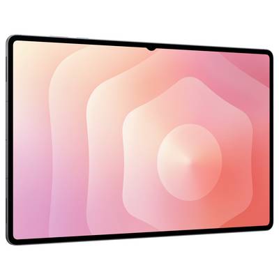 Ein Tablet mit großem Bildschirm, das ein rosa und pfirsichfarbenes abstraktes Design mit konzentrischen Kreisen anzeigt.