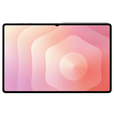 Ein Tablet mit einem rosa und pfirsichfarbenen Farbverlauf-Bildschirm, das ein glattes, abstraktes Wellenmuster aufweist und von vorne betrachtet wird.