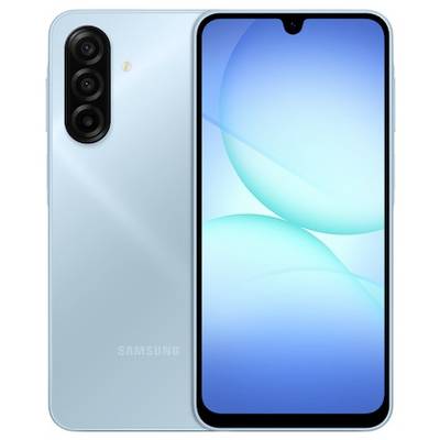 Ein hellblaues Smartphone mit drei Rückkameras und elegantem Design wird angezeigt und verfügt über einen lebendigen Bildschirm mit abstrakten blauen Formen.