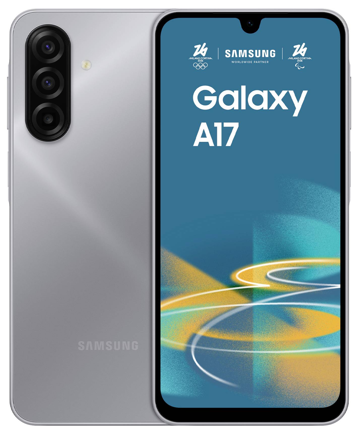 Vorder- und Rückansicht des Samsung Galaxy A17 Smartphones, die den Bildschirm mit lebendigem abstraktem Design und die Rückseite mit dreifacher Kameraanordnung zeigen.