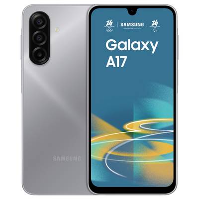 Vorder- und Rückansicht des Samsung Galaxy A17 Smartphones, die den Bildschirm mit lebendigem abstraktem Design und die Rückseite mit dreifacher Kameraanordnung zeigen.