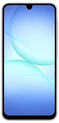 Ein Smartphone mit einem blauen abstrakten Hintergrundbild auf seinem Bildschirm. Das Telefon hat eine nach vorne gerichtete Kamera oben in der Mitte.