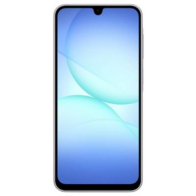 Ein Smartphone mit einem blauen abstrakten Hintergrundbild auf seinem Bildschirm. Das Telefon hat eine nach vorne gerichtete Kamera oben in der Mitte.