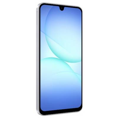 Ein Smartphone mit großem Display, das einen blauen abstrakten Hintergrund zeigt, in einem schlanken, weißen Rahmen mit einer tropfenförmigen Kerbe für die Kamera.