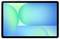 Ein Tablet mit einem abstrakten Hintergrundbild, das große, sich überlappende grüne und blaue Kugeln auf hellblauem Hintergrund zeigt.