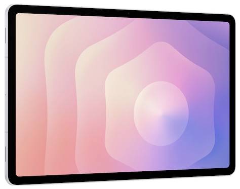Ein Tablet mit einem rosa und violetten abstrakten geometrischen Hintergrund auf dem Bildschirm, mit sich überlappenden Farbverlaufsformen.