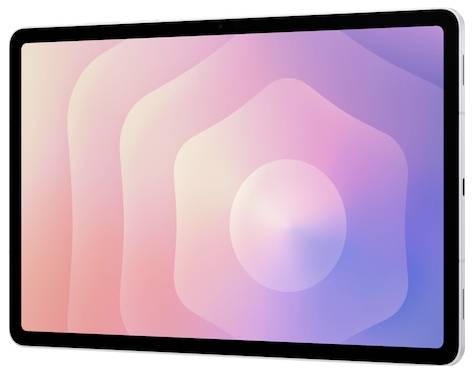 Ein Tablet mit schwarzer Einfassung, das einen pastellfarbenen Farbverlauf mit überlappenden rosa und violetten Kreisformen zeigt.
