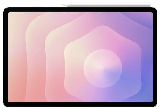Ein Tabletbildschirm in Pastellfarben mit einem Stylus oben drauf, der ein Farbverlaufsmuster mit konzentrischen Wellen in Rosa-, Lila- und Blautönen anzeigt.