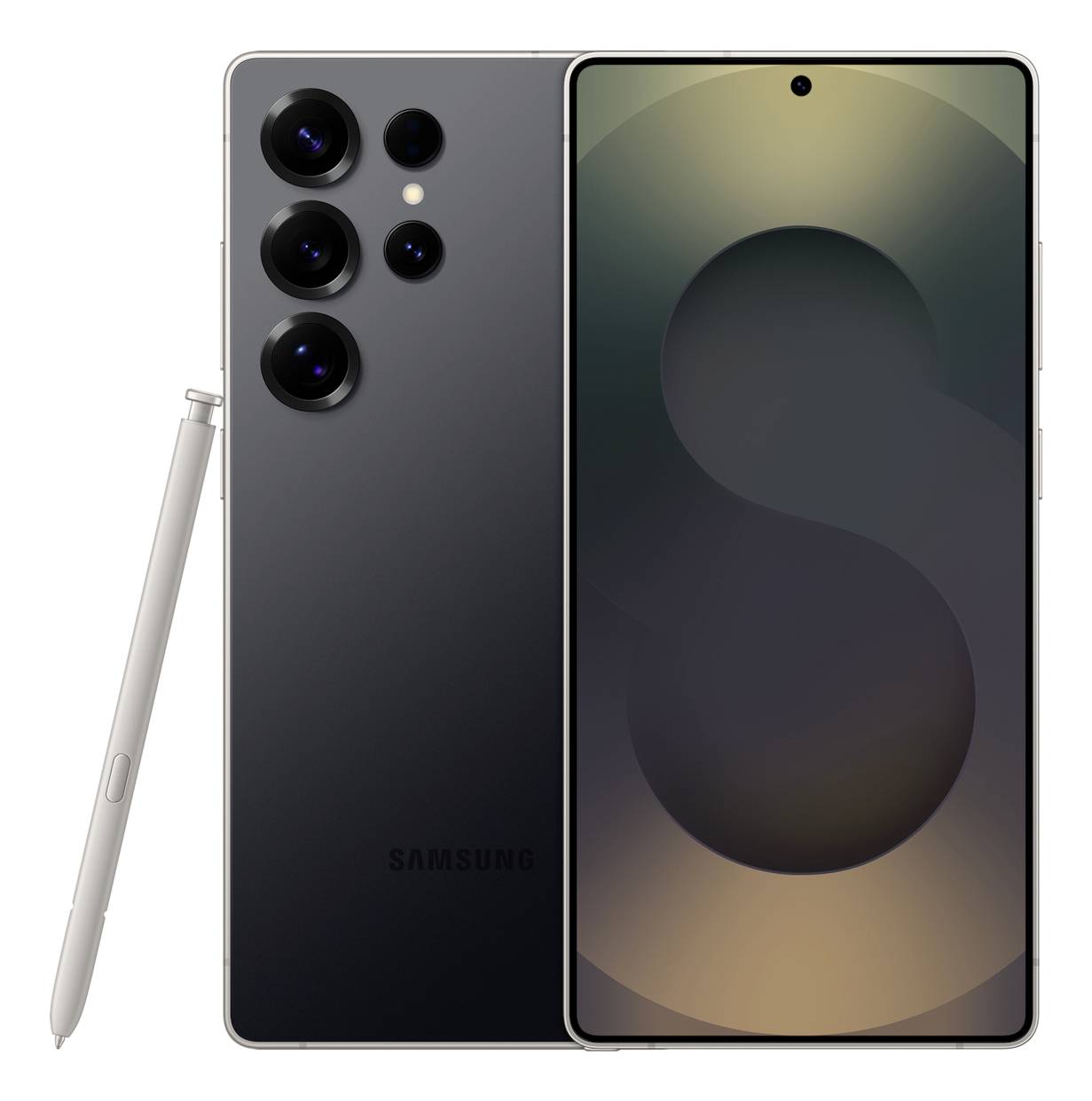Ein Smartphone mit fünf Kameraobjektiven auf der Rückseite, einem beiliegenden Stift und einem Bildschirm, auf dem eine abstrakte "S"-Form angezeigt wird.