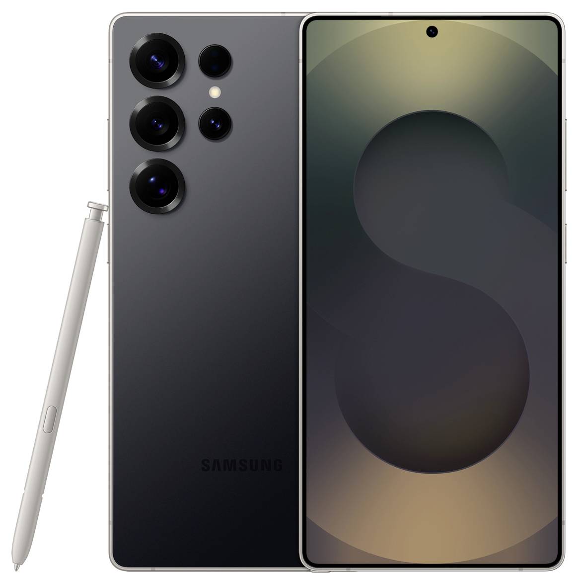 Ein elegantes Smartphone mit Multi-Linsen-Kamera und Stylus-Stift, das ein minimalistisches Design präsentiert. Der Bildschirm zeigt eine abstrakte "S"-Form.