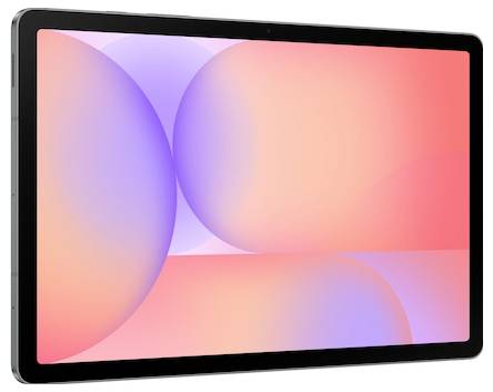 Ein Tablet mit einem farbenfrohen abstrakten Farbverlauf-Display, das sich überlappende Kreise in Rosa-, Lila- und Orangetönen zeigt.