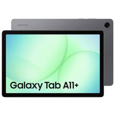 Samsung Galaxy Tab A11+ zeigt die Vorderseite mit grünem abstraktem Hintergrund und Rückansicht mit Kamera in der Ecke.