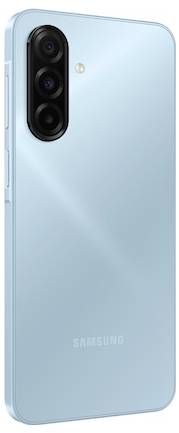 Ein hellblaues Smartphone mit dreifacher Kameraeinrichtung und einem LED-Blitz in der oberen linken Ecke der Rückseite. Das Samsung-Logo befindet sich am unteren Ende.