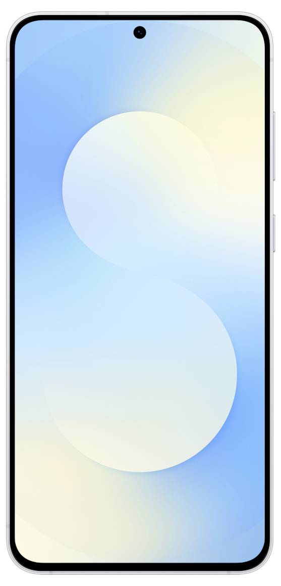 Ein Smartphone mit kantenlosem Design und einer einzelnen Frontkamera in der Mitte. Der Bildschirm zeigt einen Farbverlauf-Hintergrund in Blau und Weiß.