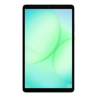 Tablet mit schwarzem Rahmen, das einen hellen, abstrakten grün-blau strukturierten Hintergrund anzeigt.