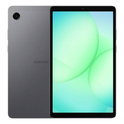 Ein Samsung-Tablet mit elegantem grauem Rücken, ausgestattet mit einer Rückfahrtkamera und einem hellen Bildschirm, auf dem abstrakte grüne Formen angezeigt werden.