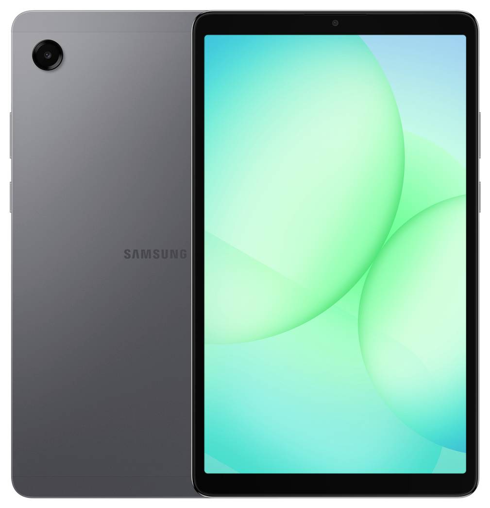 Ein Samsung-Tablet mit einem grünen abstrakten Muster auf dem Bildschirm. Das Tablet wird von vorne und von hinten gezeigt.