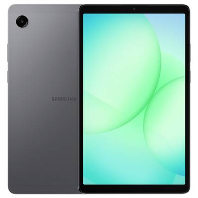 Ein Samsung-Tablet mit einem grünen abstrakten Muster auf dem Bildschirm. Das Tablet wird von vorne und von hinten gezeigt.