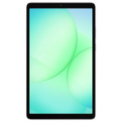 Ein Tablet mit schwarzem Rahmen zeigt auf seinem Bildschirm einen blauen und grünen abstrakten Hintergrund an.