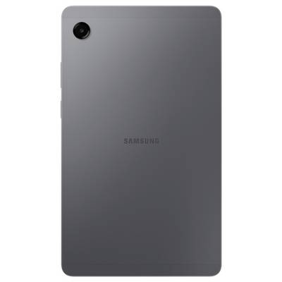 Ein schlankes, graues Tablet von hinten betrachtet, mit einer Kamera in der oberen linken Ecke und dem Samsung-Logo in der Mitte.