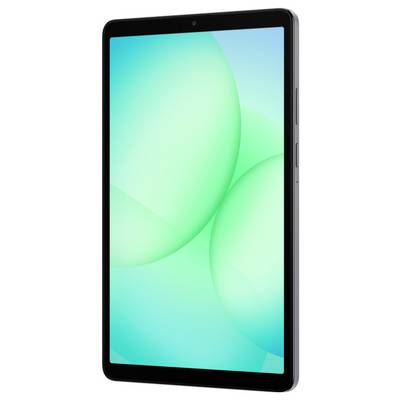 Ein Tablet mit silbernem Rahmen und schwarzen Kanten zeigt einen türkisblauen abstrakten Hintergrund. Die rechte Kante ist mit Ein-/Aus- und Lautstärketasten ausgestattet.