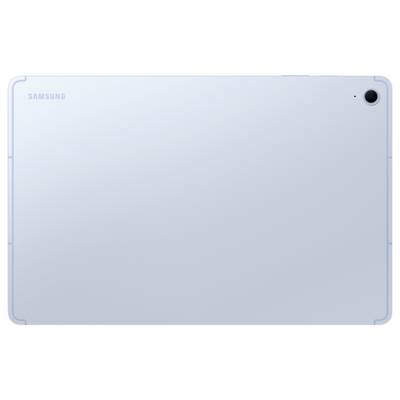 Ein schlankes, hellgraues Tablet mit einer Kamera auf der Rückseite in der oberen rechten Ecke, mit dem Schriftzug „Samsung" auf der linken Seite.