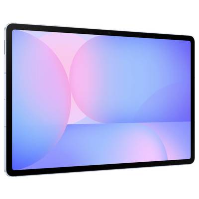 Ein elegantes Tablet mit großem Display, das ein abstraktes Design mit sich überlappenden Kreisen in Pastelltönen von Rosa und Blau zeigt.