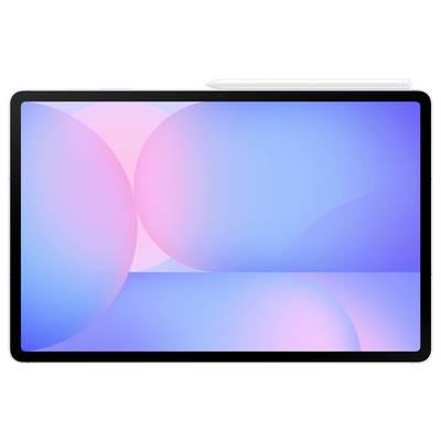 Ein Tablet mit einem Stylus, der oben aufliegt, zeigt ein farbenfrohen abstrakten Hintergrund mit Farbverläufen von Rosa und Blau.