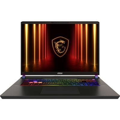 Ein Gaming-Laptop mit einer lebendigen RGB-Tastatur und einem Bildschirm, der ein glühendes Drachen-Emblem mit orangefarbenen vertikalen Lichtern im Hintergrund anzeigt.