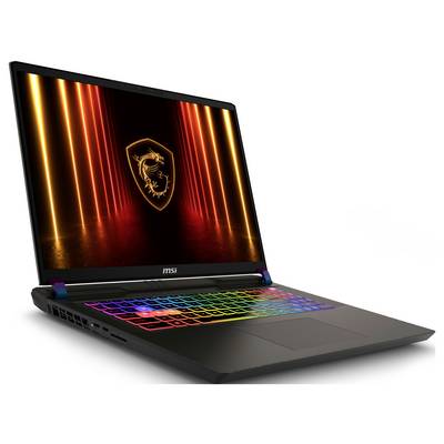 Ein Laptop mit einer farbenfrohen Tastatur und einem Drachen-Logo auf dem Bildschirm, vor einem orange und rot beleuchteten Hintergrund.