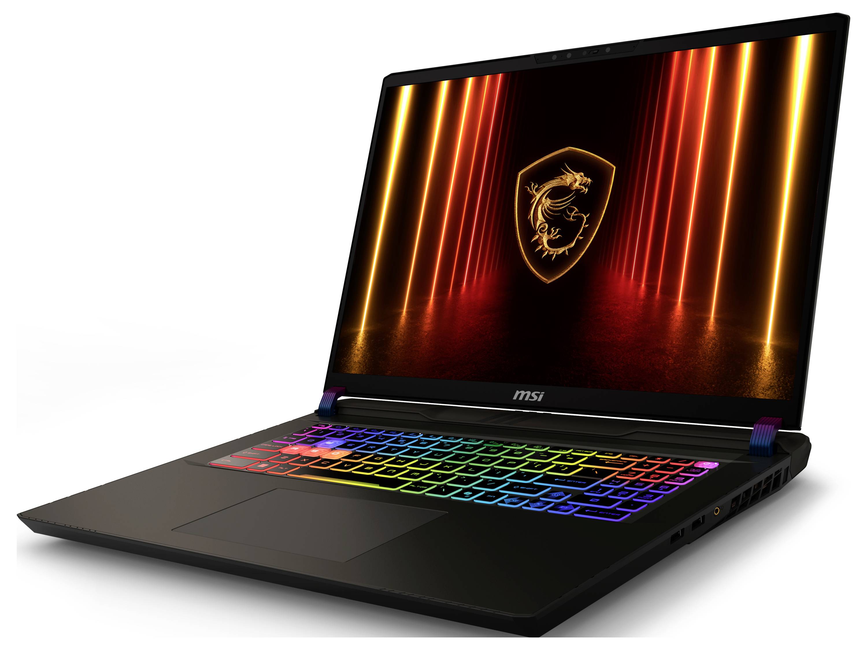 Ein Gaming-Laptop mit beleuchter Regenbogentastatur und einem Bildschirm, auf dem ein leuchtendes MSI-Drachen-Logo auf dunklem, flammigem Hintergrund angezeigt wird.