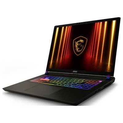 Ein Gaming-Laptop mit beleuchter Regenbogentastatur und einem Bildschirm, auf dem ein leuchtendes MSI-Drachen-Logo auf dunklem, flammigem Hintergrund angezeigt wird.