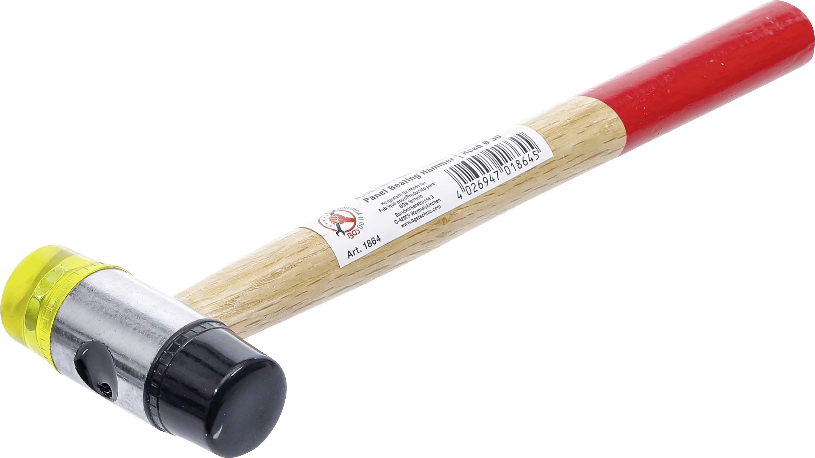Ein Holzhammer mit rotem Griff, gelben und schwarzen dualen Gummiköpfen und einem Barcode-Etikett auf der Seite.