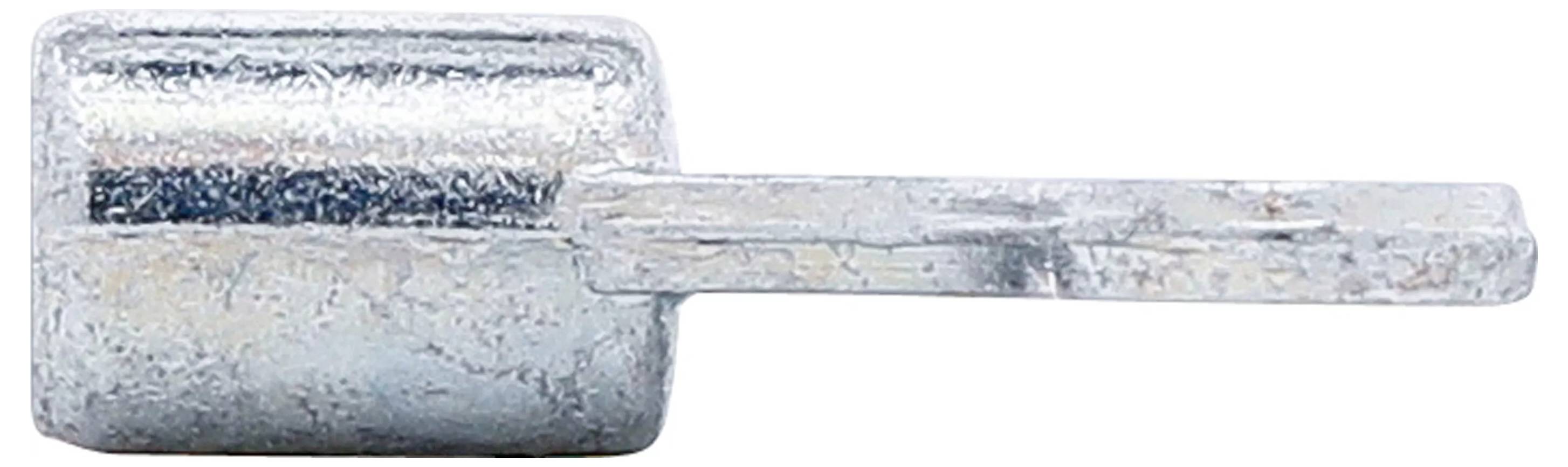 Ein metallischer Schmelzleistenklemmer mit einer zylindrischen Basis und einer flachen, verlängerten Lasche für elektrische Verbindungen. Seine Oberfläche wirkt silberfarben und leicht strukturiert.