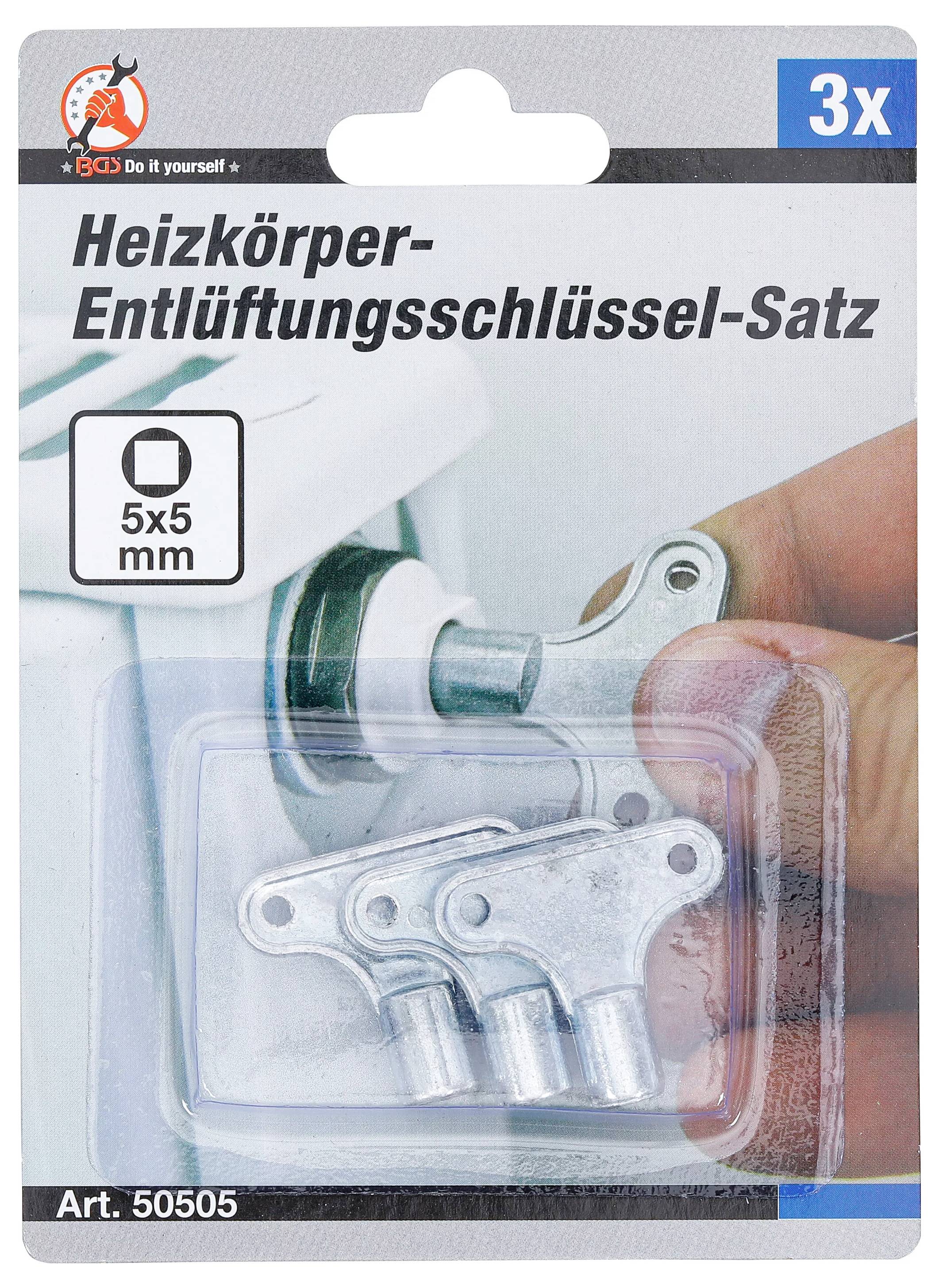 „Heizkörper-Entlüftungsschlüssel-Satz" Verpackung mit einem Satz von drei Heizkörper-Entlüftungsschlüsseln, Größe „5x5 mm", in einer Kunststoffhülle.