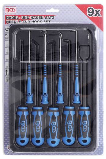 „Nadel- und Hakensatz" – Verpackung mit neun Werkzeugen mit blauen Griffen, angeordnet in einer Kunststoffform, gekennzeichnet mit „BGS" und mit Produkt- und Mengendetails.