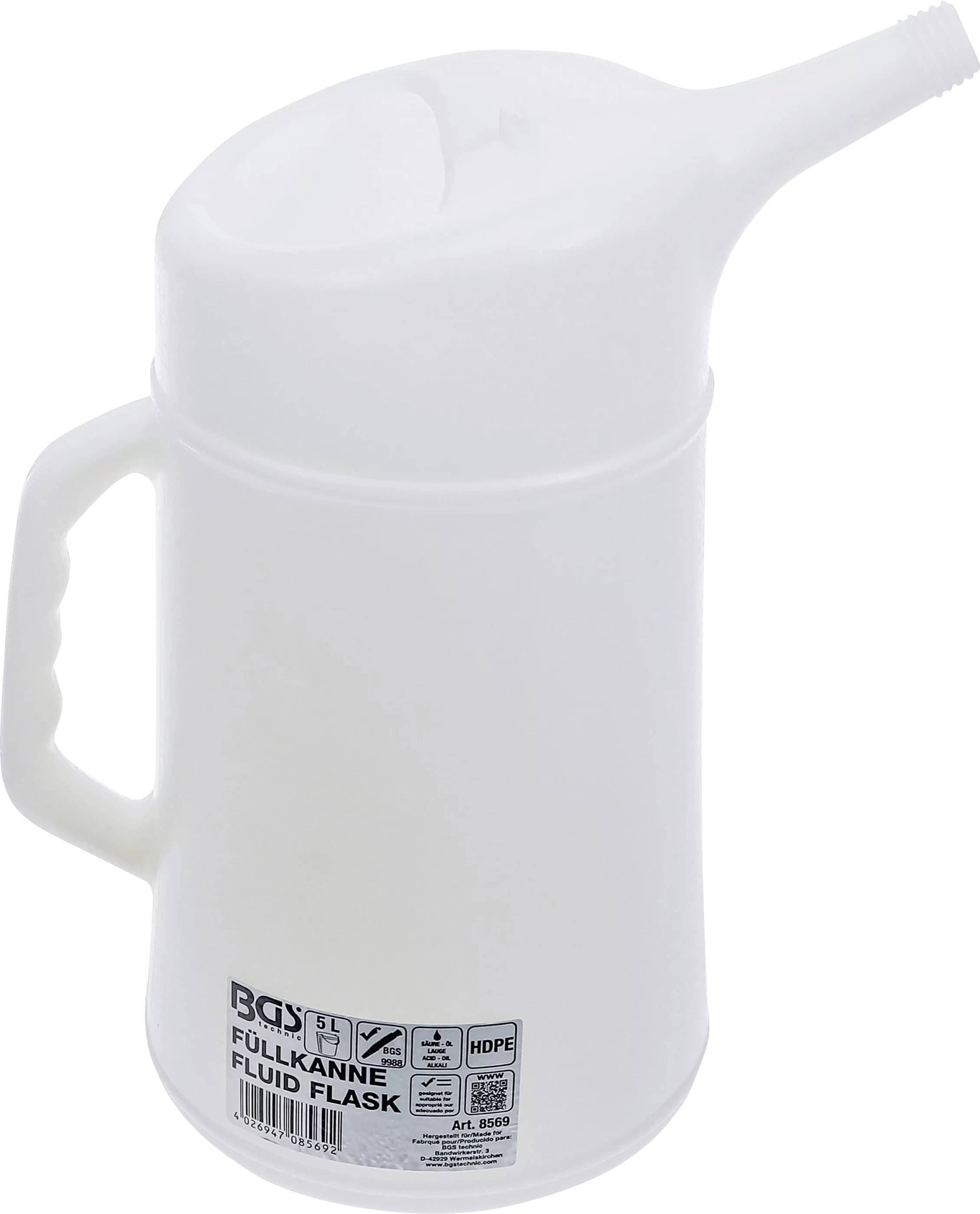 BGS Kunststoffmessbecher mit langem Ausguss, seitlichem Griff und gekennzeichneten Markierungen, die das HDPE-Material und die Produktnummer 6650 angeben.