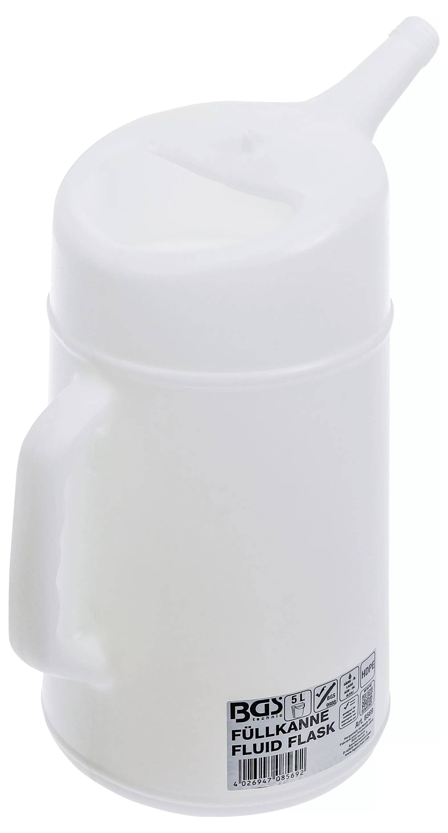 Weiße Kunststoff-Flüssigkeitsflasche mit Griff und Ausguss, beschriftet mit „BGS FULLKANNE FLUID FLASK".